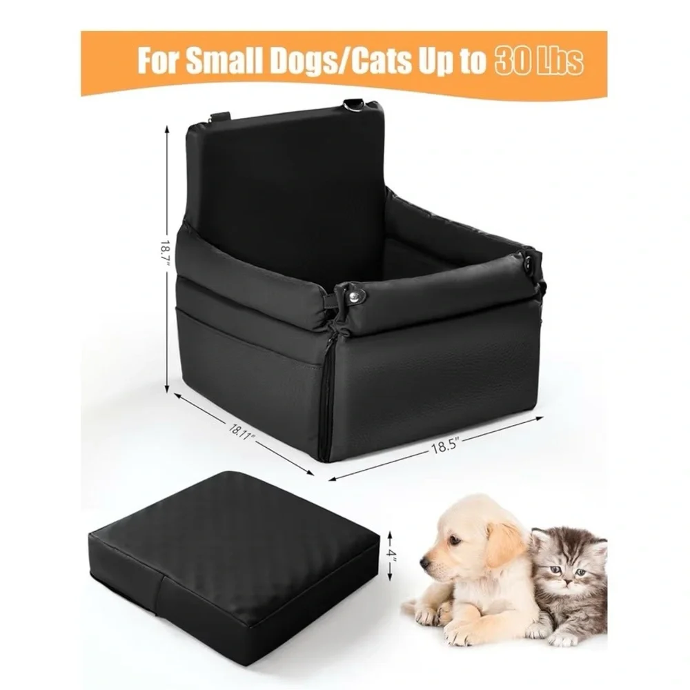 FAUX LEATHER DOG BOOSTER CAR SEAT WITH HARNESS AND BELT LEASH (UP TO 30 LBS)